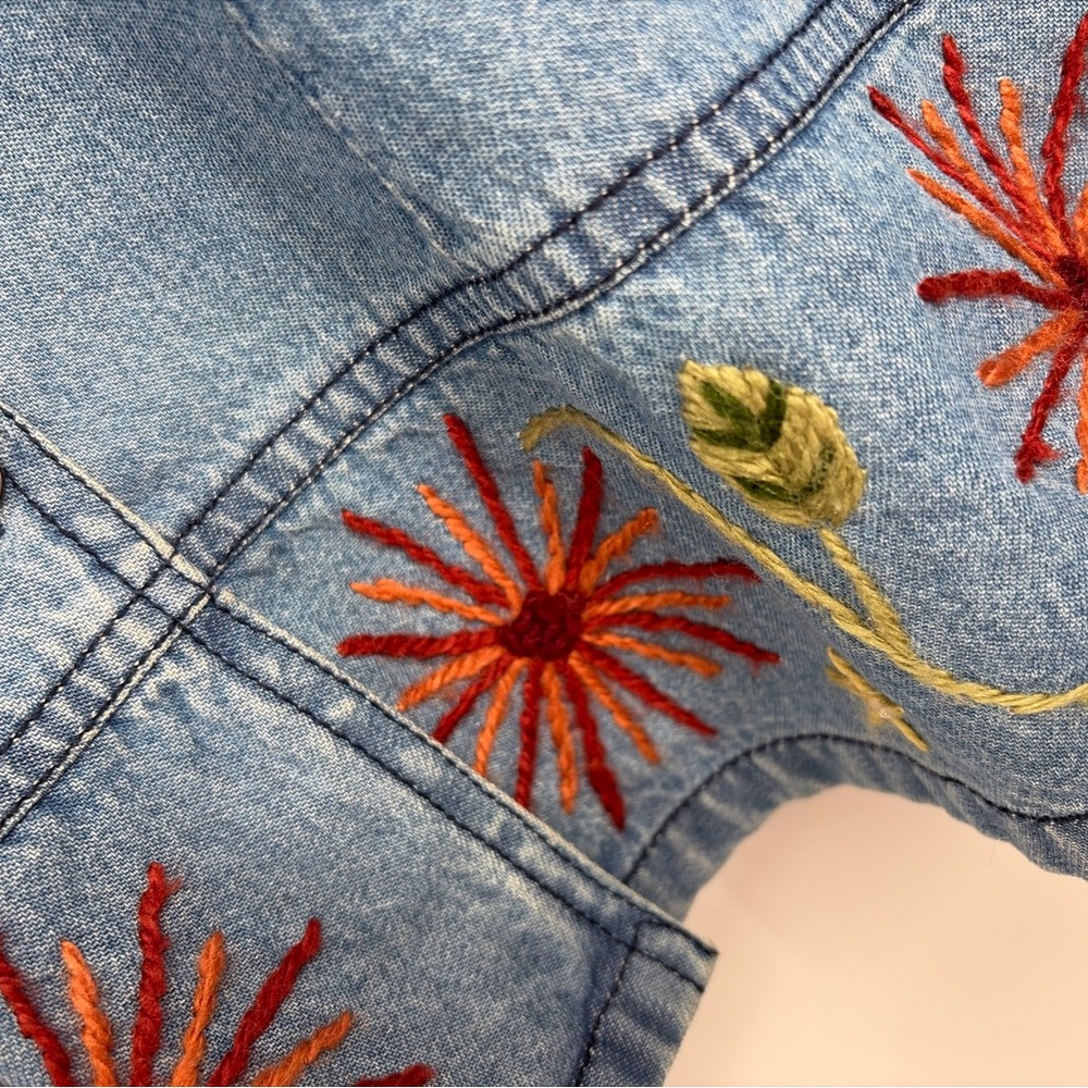 April Cornell Denim Jacket Top Floral Stitching Sz M - Picture 4 of 6